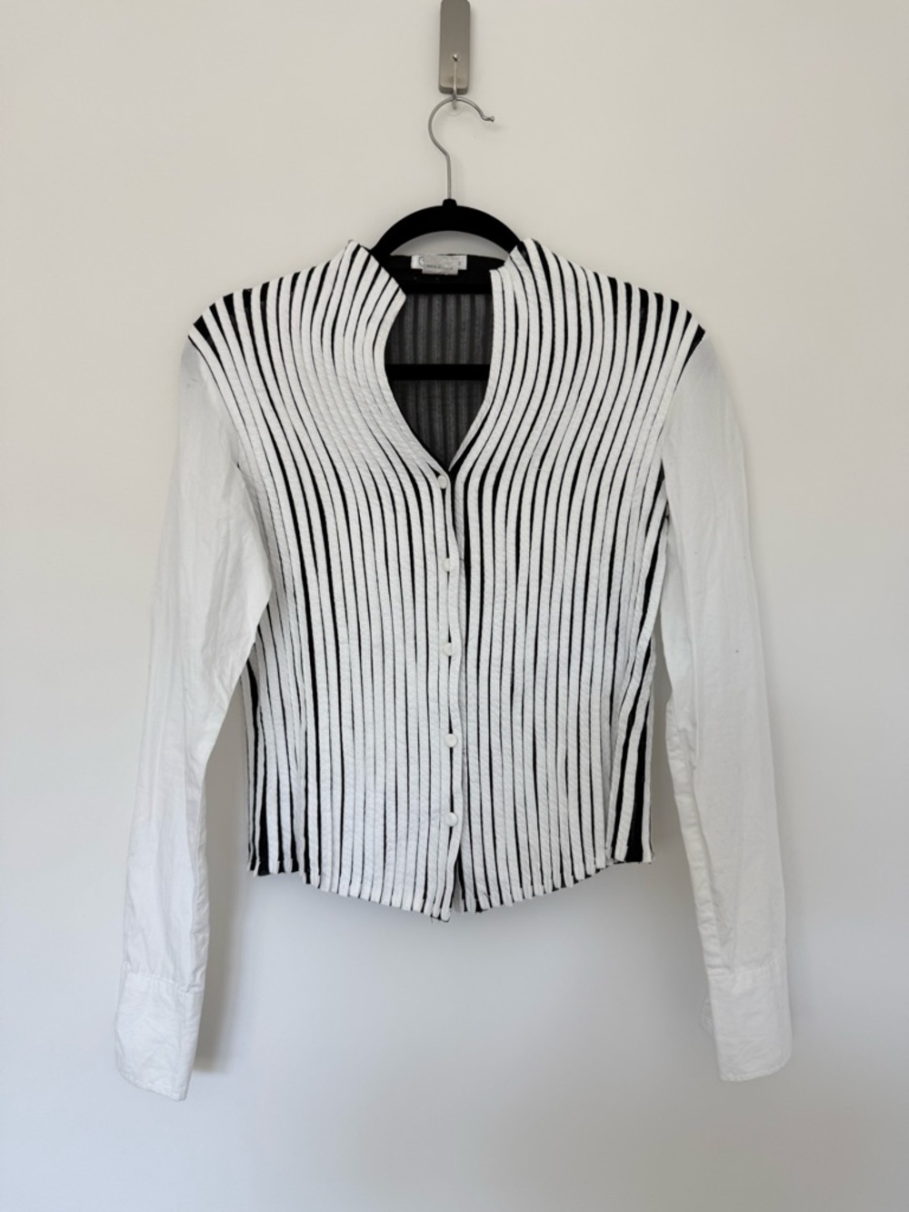 VINTAGE White and Black Striped Button-Front Women's Top with Mesh